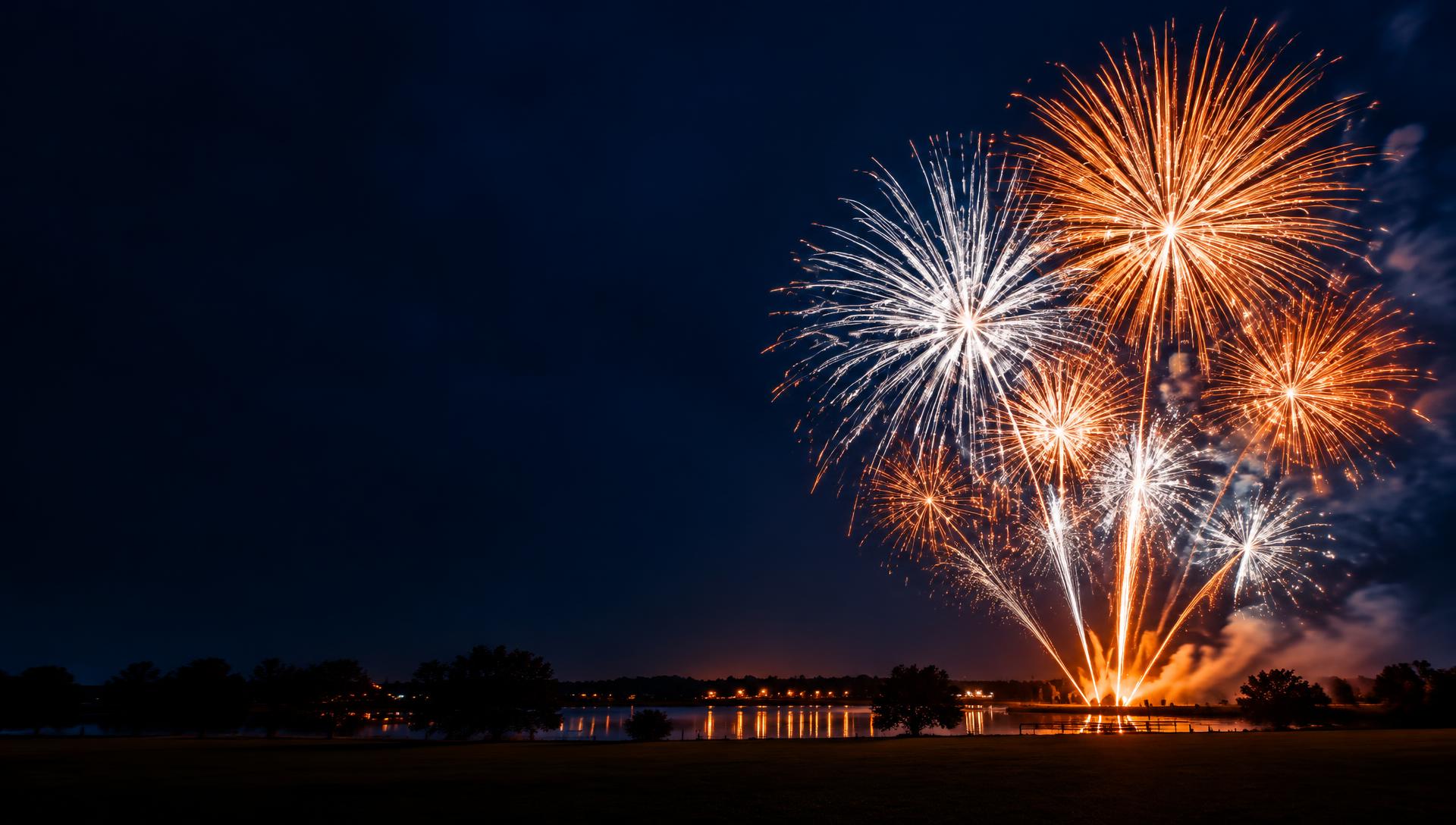 Orange and white fireworks over a lakeside celebration